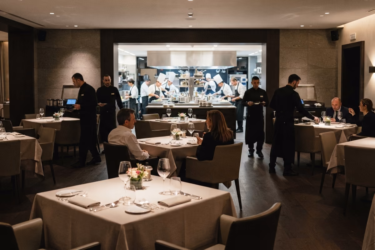 sala ristorante con camerieri e chef al lavoro in cucina a vista