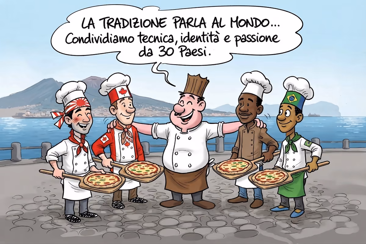 Cinque pizzaioli da diverse nazioni con pizze, Vesuvio e golfo di Napoli