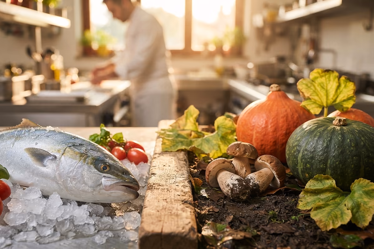 pesce fresco su ghiaccio accanto a funghi e zucche con chef in sottofondo