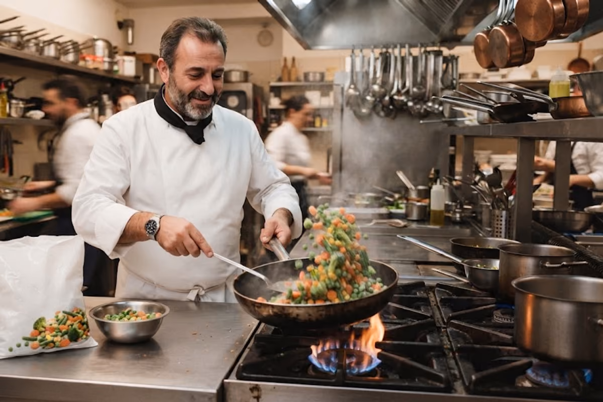 chef sorridente salta verdure surgelate in padella in una cucina professionale