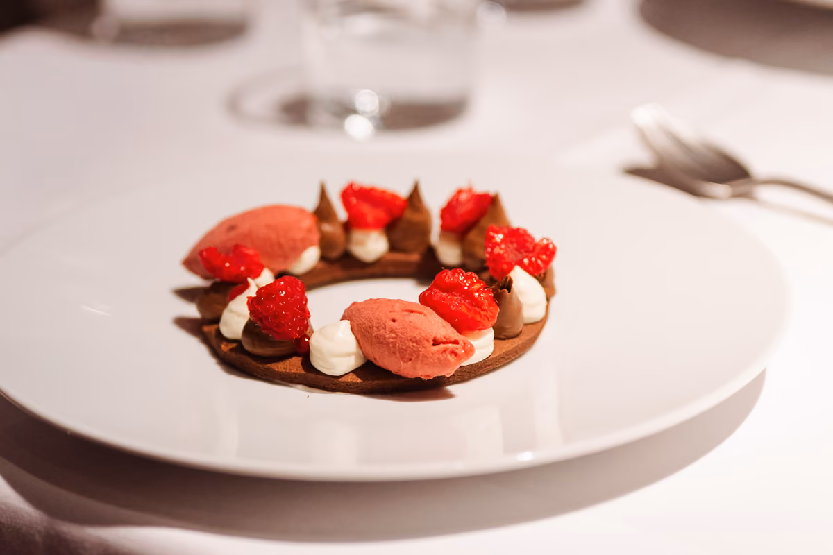 Dessert: cialda al cioccolato con frutti di bosco e gelato ai frutti di bosco