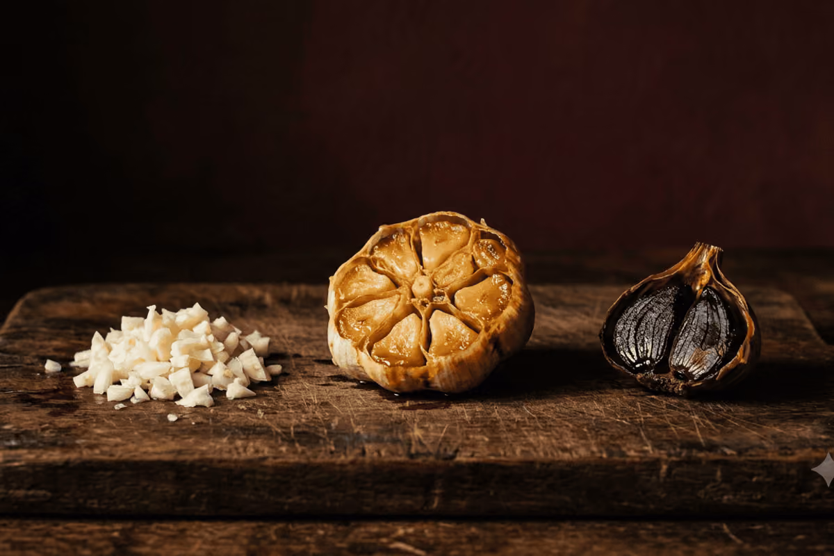 Aglio tritato, cotto e aglio nero