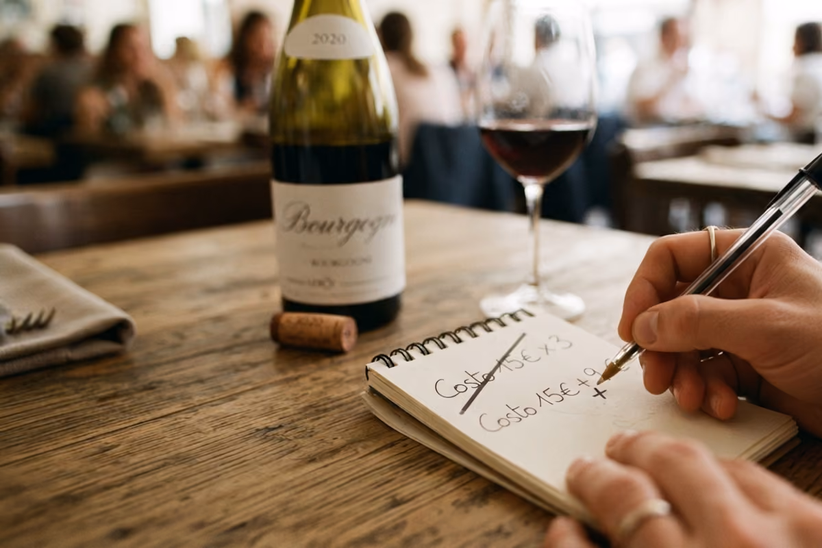 Mano che scrive calcoli su un taccuino vicino a una bottiglia di vino