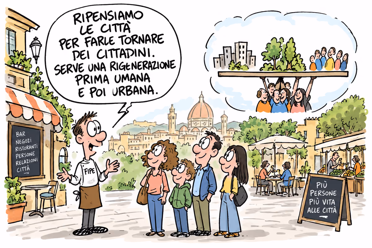 Vignetta illustrata con chef che parla a persone in piazza davanti alla città