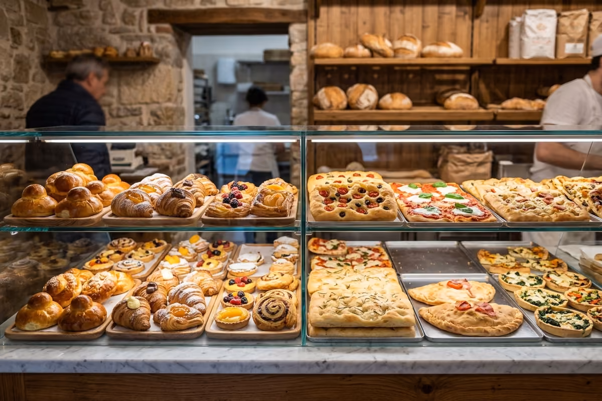 vetrina di un panificio con vassoi di brioche, cornetti e pizze assortite