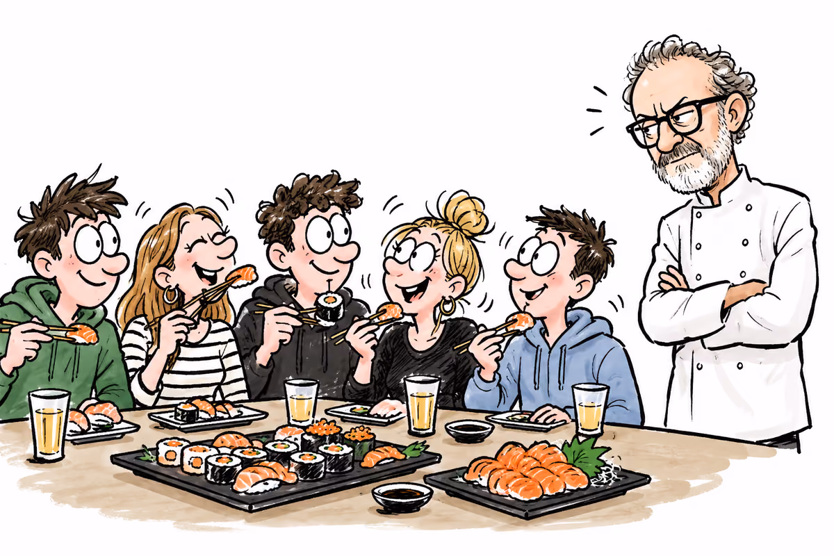 Uno chef che guarda un gruppo di giovani che mangia sushi al ristorante