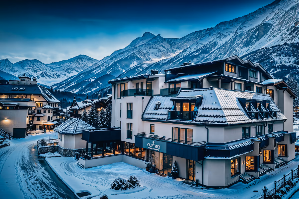Hotel Oustria a Obergurgl immerso nella neve con montagne innevate sullo sfondo