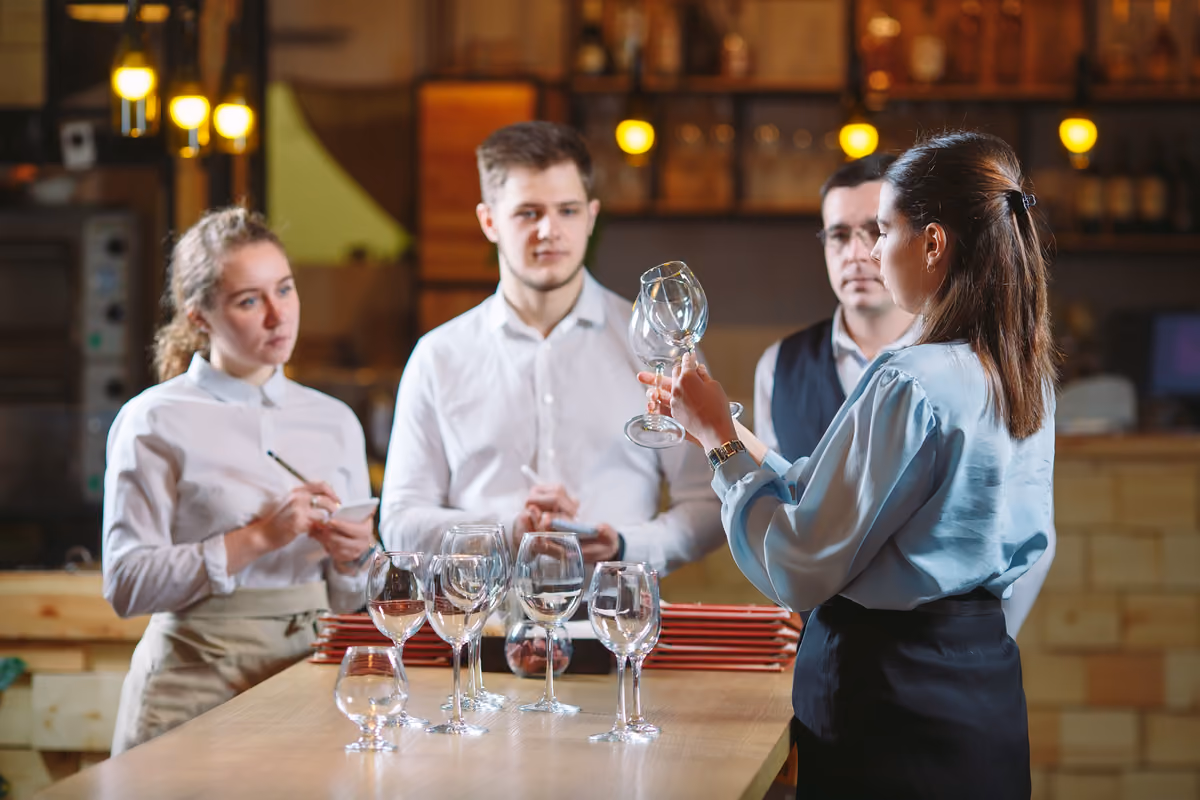 formatrice che spiega l'uso dei calici a giovani camerieri in sala ristorante