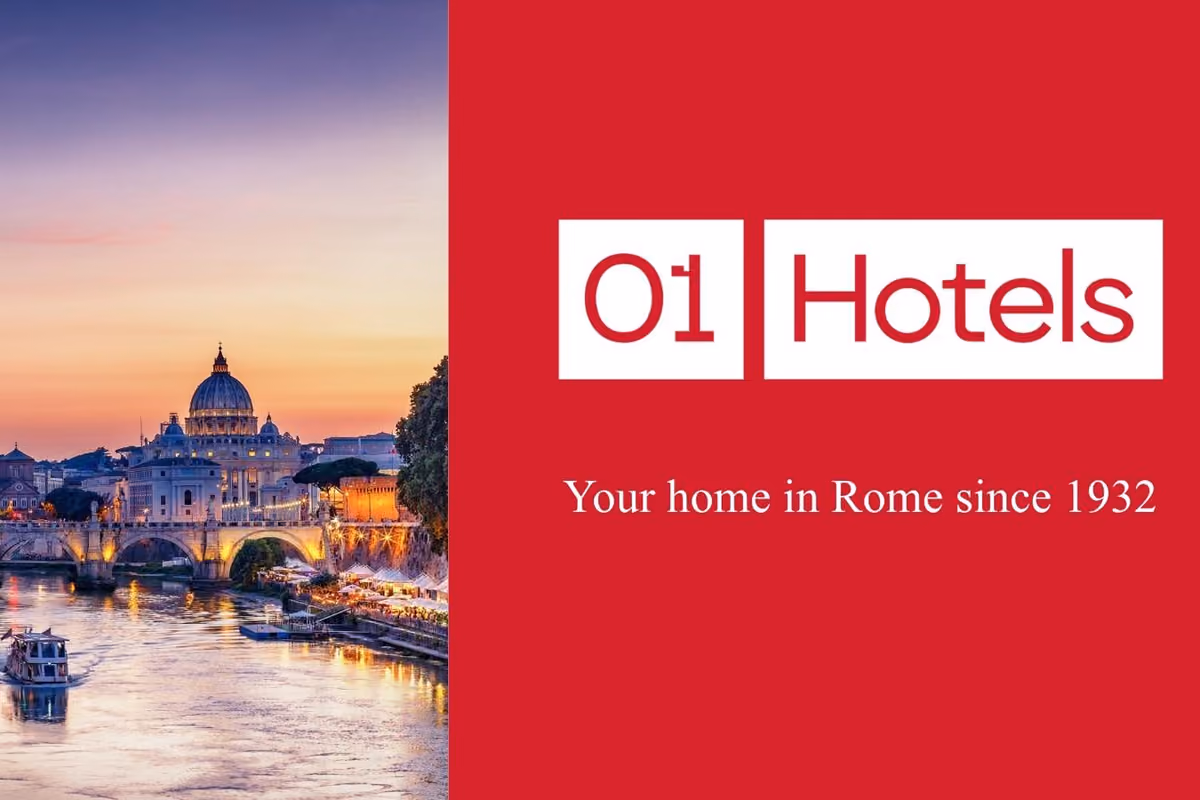 Logo e slogan 01 Hotels con panorama serale della Basilica di San Pietro