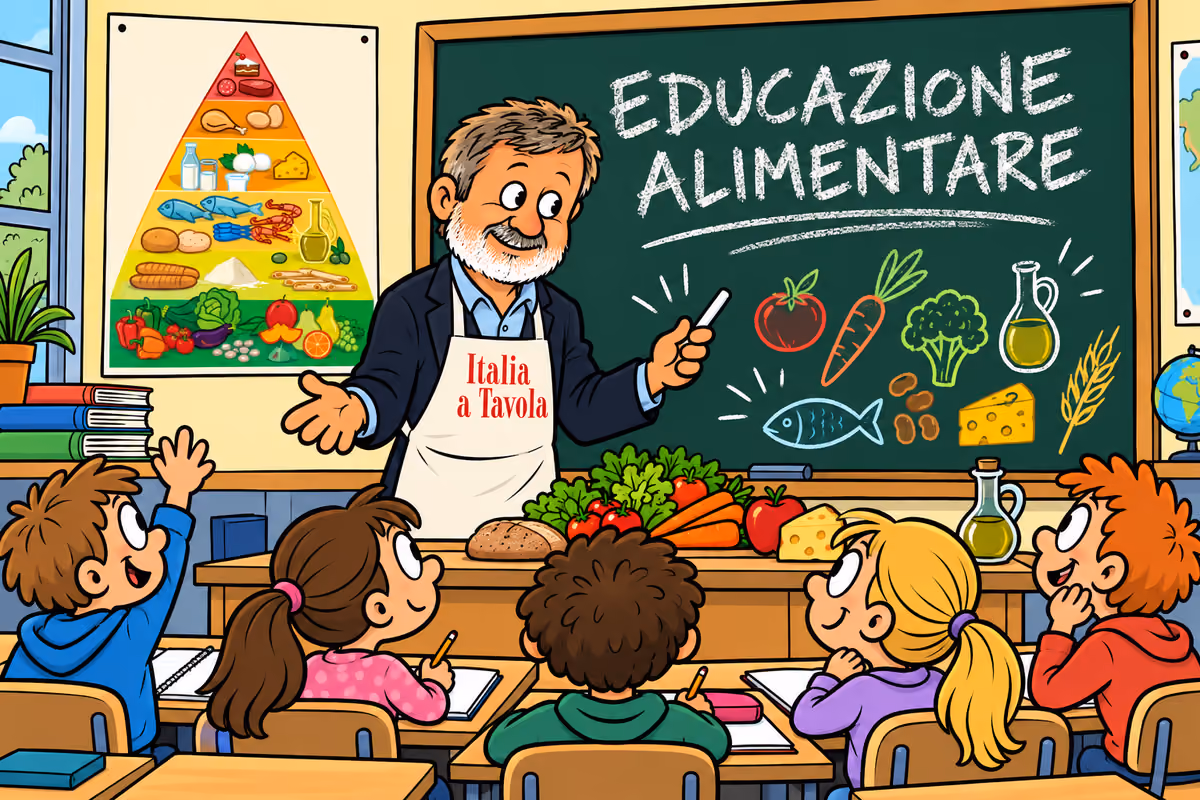 Illustrazione di un insegnante che spiega l'educazione alimentare a bambini in aula