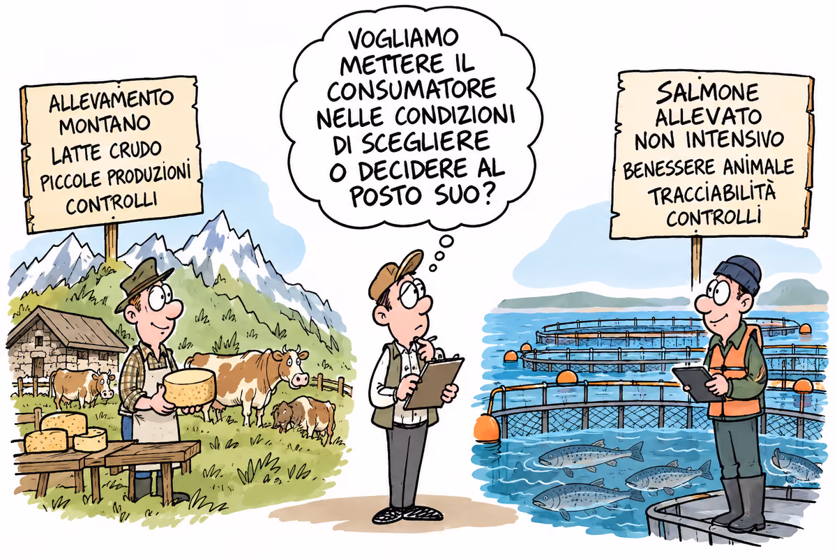 vignetta con uomo indeciso tra un allevatore di montagna e un allevatore ittico