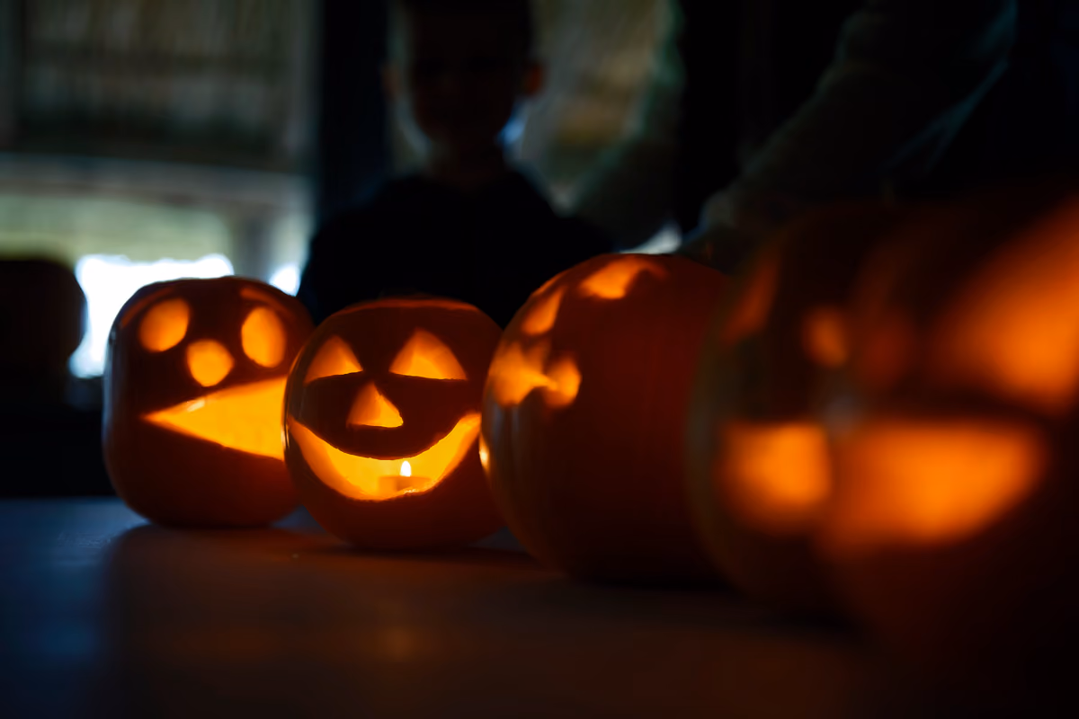 Zucche di Halloween intagliate e illuminate da candele all'interno in una stanza buia