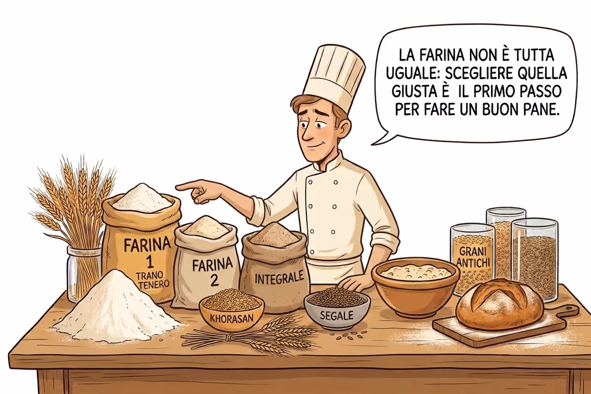chef illustrato circondato da sacchi di farina e grani antichi su un tavolo