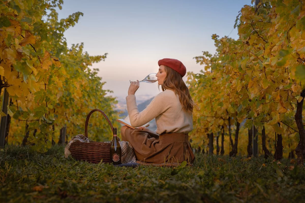 donna con basco rosso sorseggia vino tra i filari di un vigneto autunnale