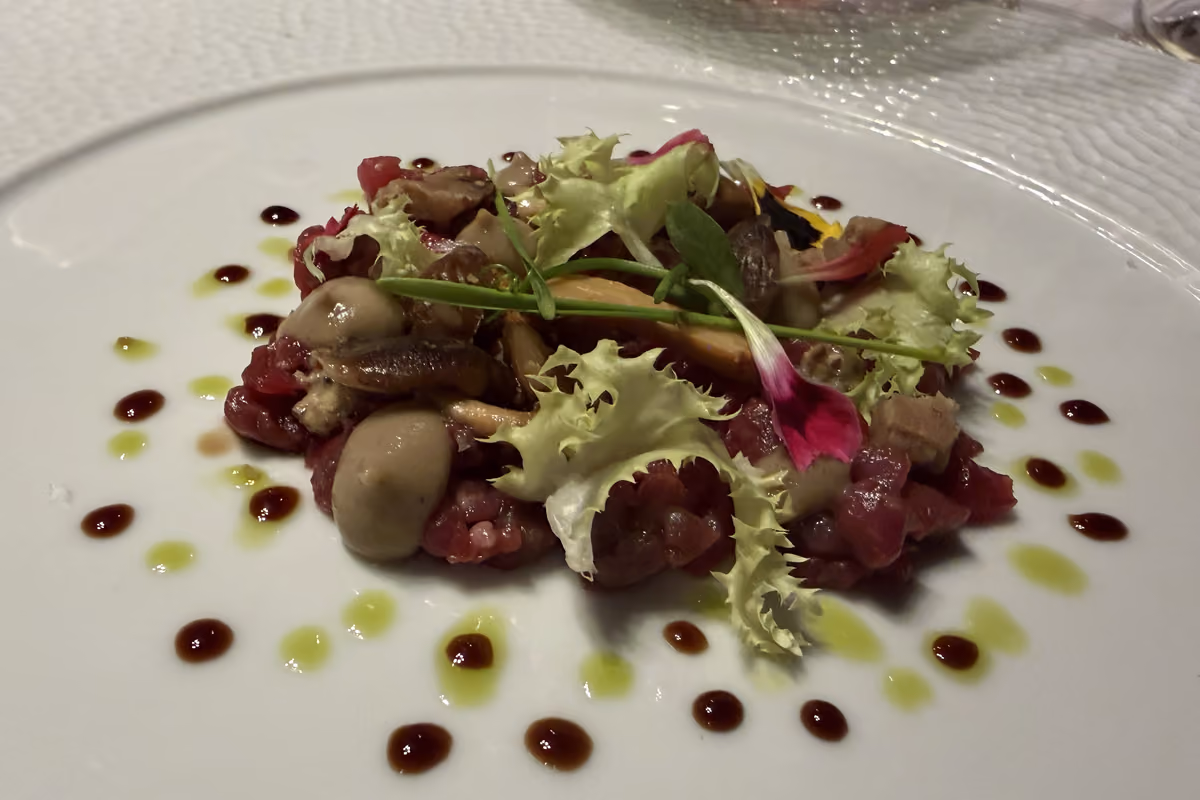 tartare di carne guarnita con funghi e insalata su piatto bianco decorato