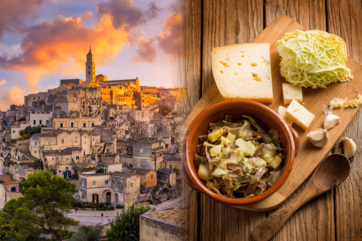 Panoramica di Matera al tramonto accostata a un piatto tipico con formaggio e verdure