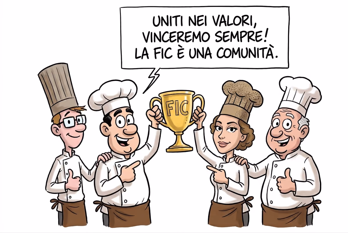 Disegno a fumetti con quattro chef che sollevano un trofeo dorato FIC