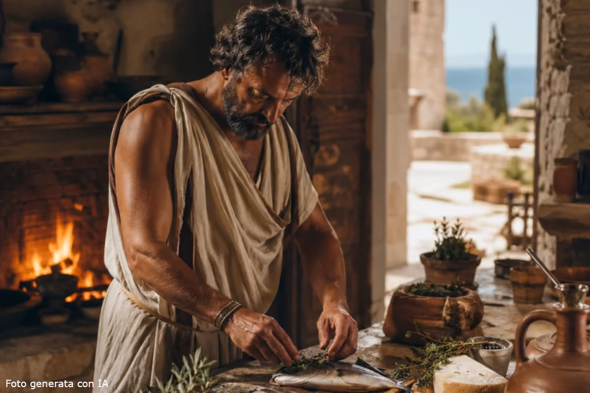 uomo in abiti antichi prepara pesce con erbe aromatiche su tavola rustica