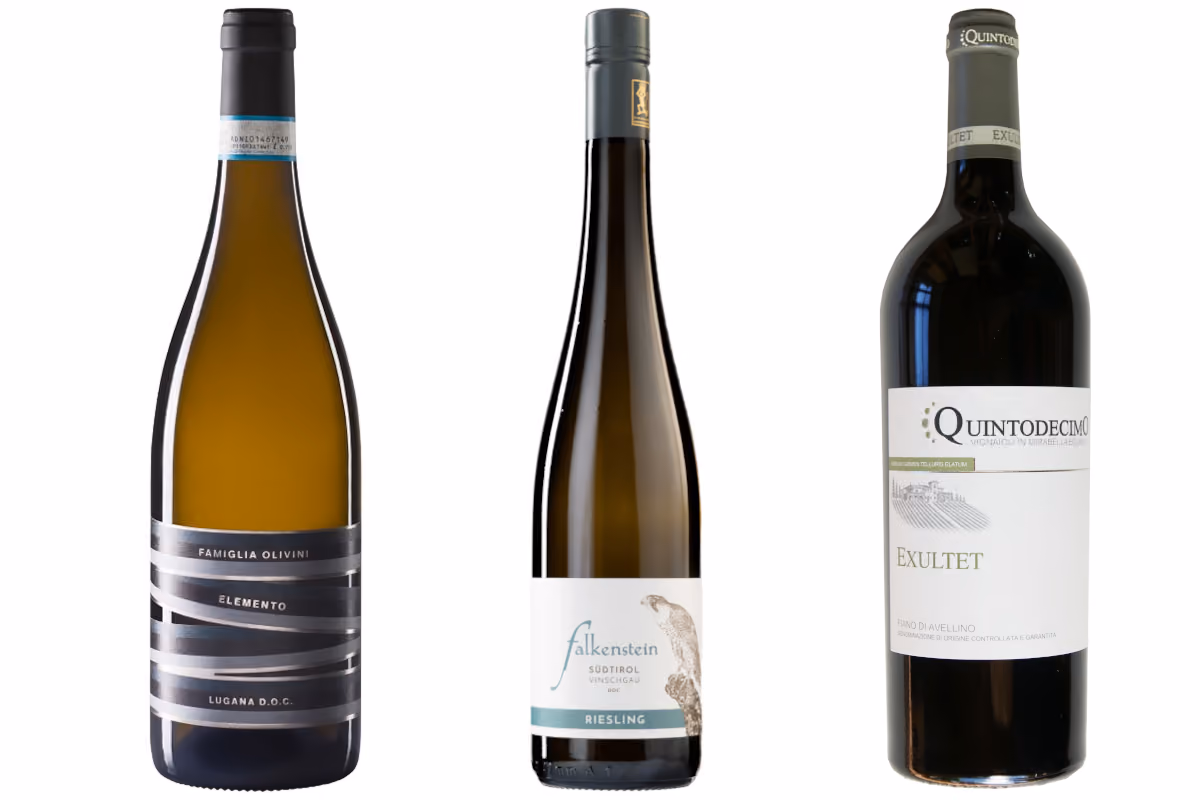 Vini bianchi della Christmas Record . Il Lugana Doc Elemento di Famiglia Olivini, fresco, sapido e minerale, è proposto come una scelta versatile per iniziare la convivialità. Il Riesling di Falkenstein si distingue invece per i profumi di pesca, albicocca e agrumi, sostenuti da una spiccata mineralità e da una buona acidità. Chi cerca un bianco più strutturato può orientarsi su Exultet di Quintodecimo