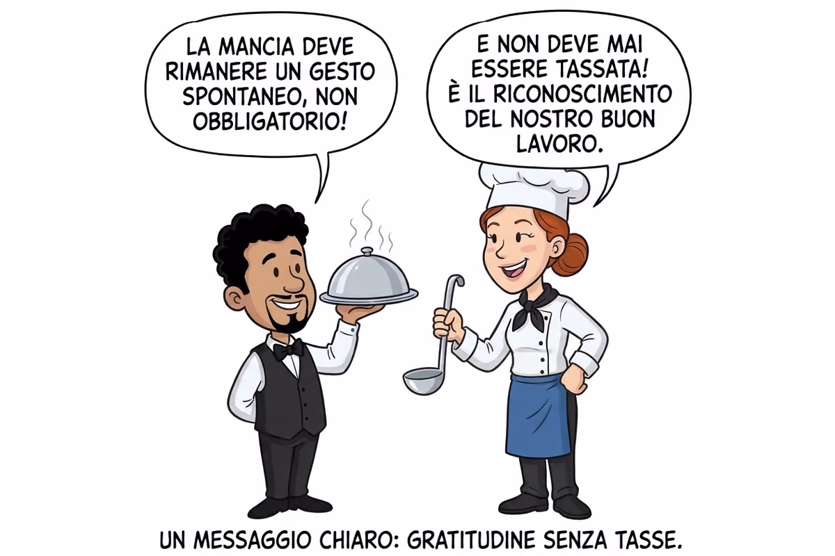 vignetta con cameriere e chef che discutono di mance e tassazione