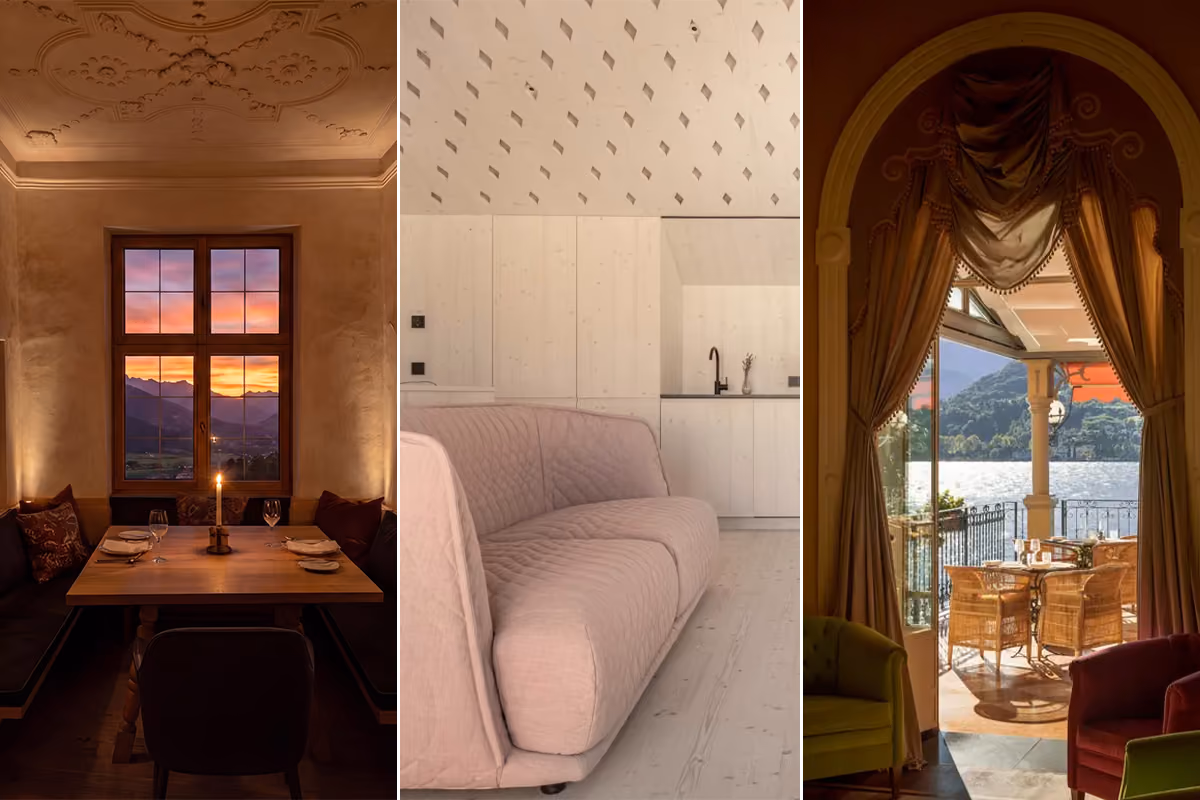 Collage di tre interni di lusso con tavoli, divano rosa e vista panoramica
