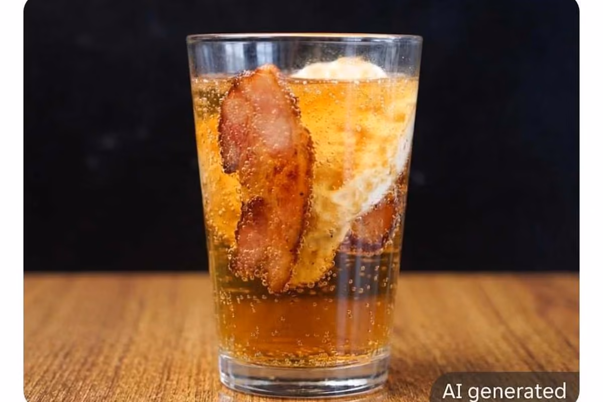 bicchiere trasparente con bibita gassata, ghiaccio e una fetta di bacon croccante