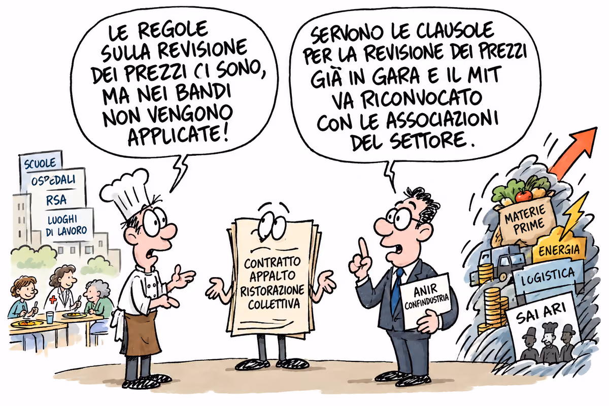 Vignetta satirica su contratti di ristorazione collettiva e revisione dei prezzi nei bandi pubblici
