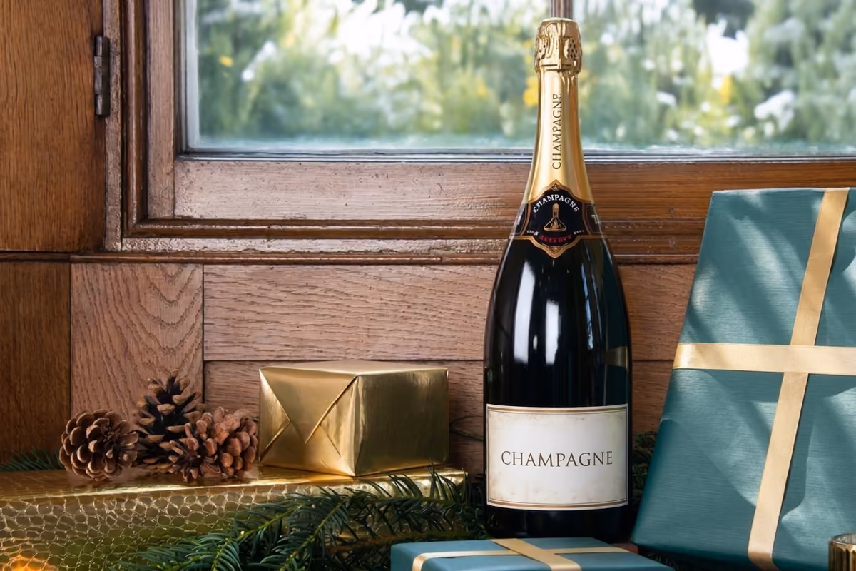 Bottiglia di champagne e regali incartati con pigne e rami di abete