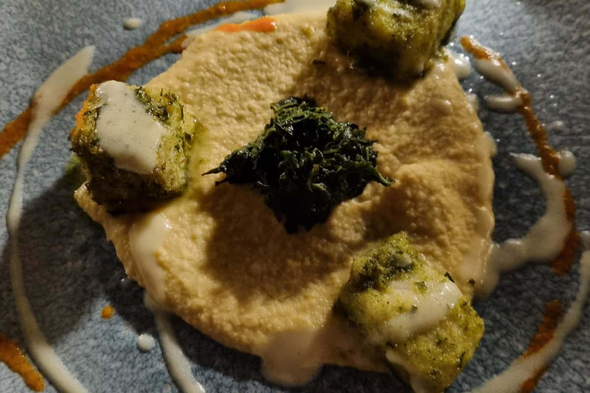 Boccon di ombrina, humus di ceci, cavolo nero e ristretto di Franciacorta Il ristorante Pampero di Ranzanico premiato dal Club dei Buongustai