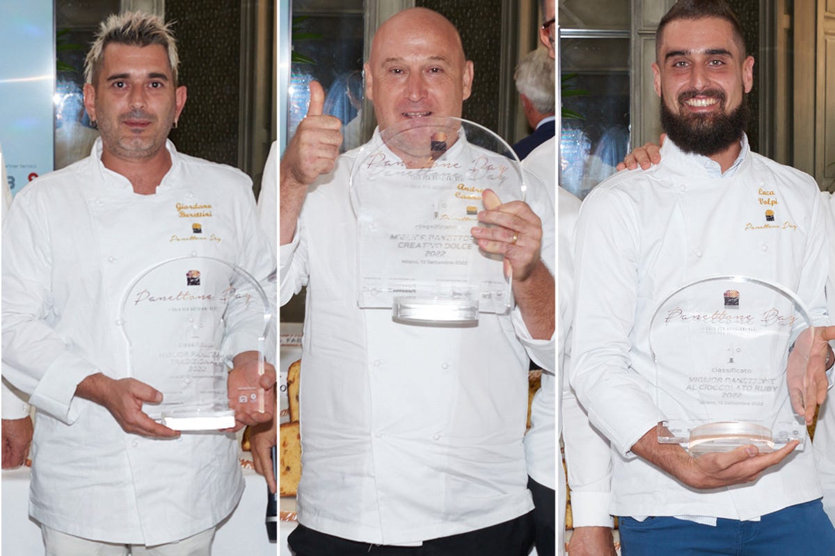 I tre vincitori: da sinistra Giordano Berrettini, Andrea Cannone e Luca Volpi 10 anni di Panettone Day: il maestro Fabbri incorona i pasticceri Berrettini, Cannone e Volpi
