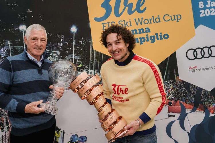 Francesco Moser e Giorgio Rocca (Milano, presentata la 3Tre di sci E a Campiglio arriva il Giro 2020)