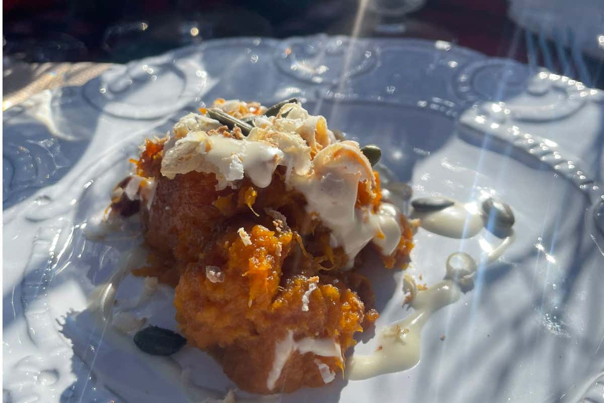 Un piatto del menu ideato da Riccardo Gaspari e Ilaria Piccolini Cortina Winter Party 60 commensali "e;all'assaggio"e; della montagna