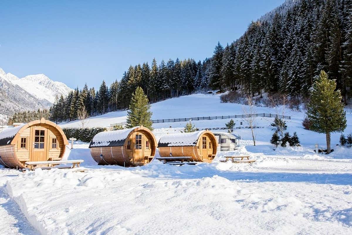 Grandi botti di legno trasformate in rifugi caldi nel bosco