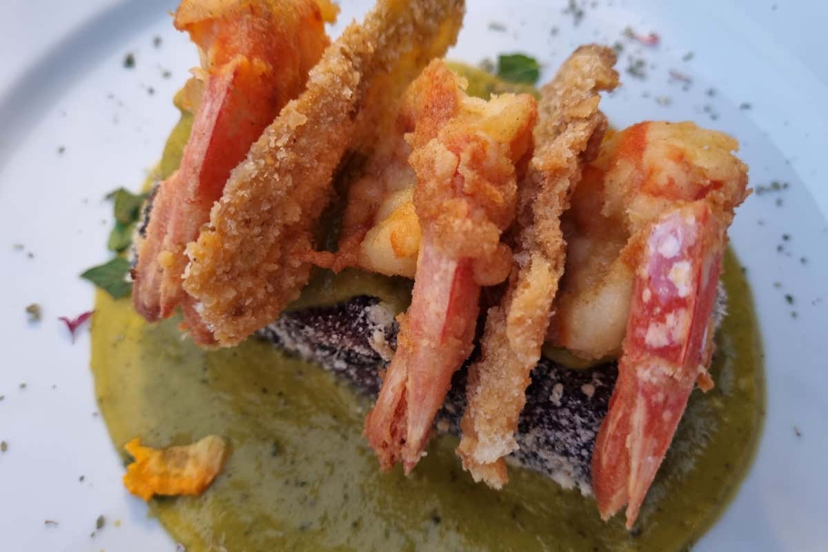 Riso venere e carnaroli in tortino, gamberetti e crema di zucchine in fiore alla menta Il ristorante Pampero di Ranzanico premiato dal Club dei Buongustai