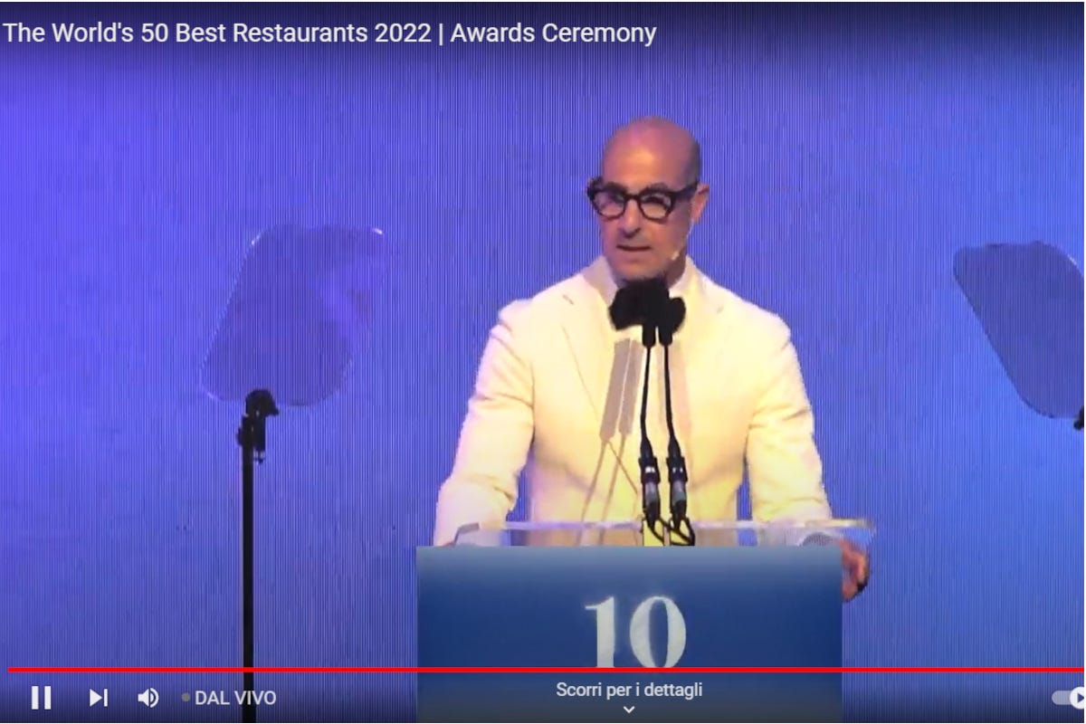 L'attore e presentatore Stanley Tucci 50 World's Best Restaurant: Lido 84 e Le Calandre nella top ten