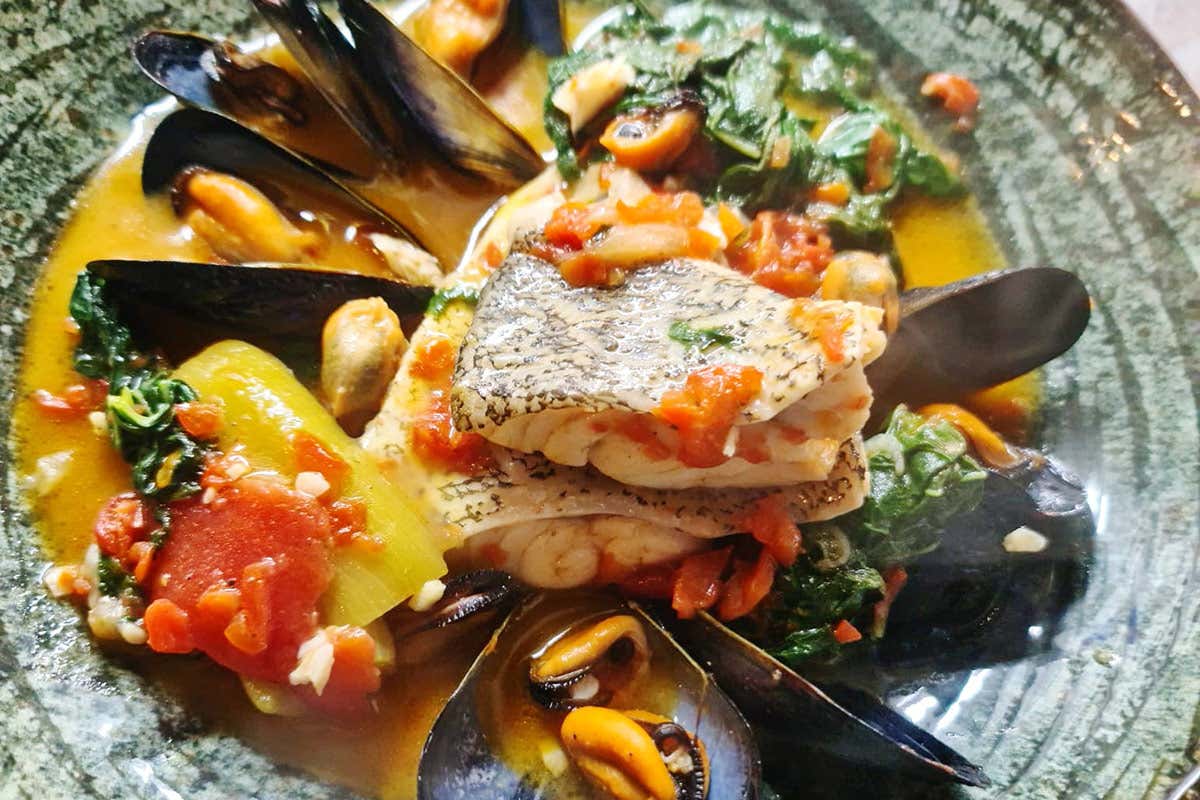 Cernia in guazzetto, tenerumi e cozze Sardina PastaBar, piatti di mare come quadri d’autore