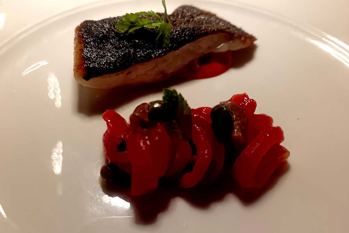 Rombo con peperoni arrosto, capperi, acciughe e menta