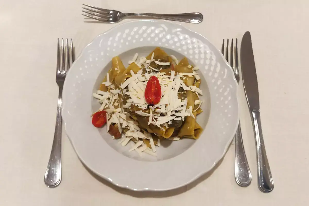 pappardelle trafilate al bronzo condite con melanzane a funghetto, pomodori ciliegini, pesto di pistacchio scaglie di ricotta salata  Agrolago, ristorante vegetariano sul lago di Bracciano