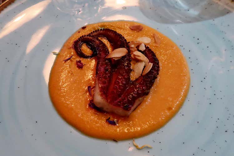 Polpo grigliato su passato di pomodoro alla trapanese (Aja Mola, pescato fresco a Palermo)