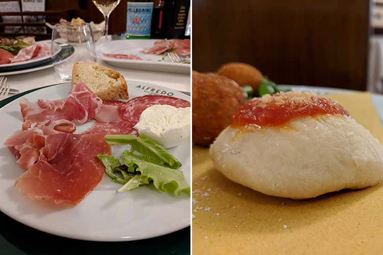 Salumi Slow Food, Mozzarella di Bufala Campana Dop, montanarina e arancini (Alfredo alla Scrofa guarda avanti Presto un franchising di fettuccine)