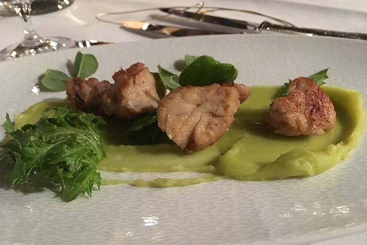 Animelle di vitello con crema di patate e prezzemolo ed erbe di campo Animelle di vitello con crema di patate e prezzemolo ed erbe di campo