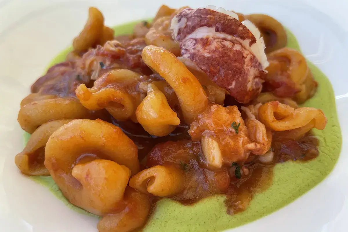 Riccioli al pomodoro, crema di zucchine e astice blu