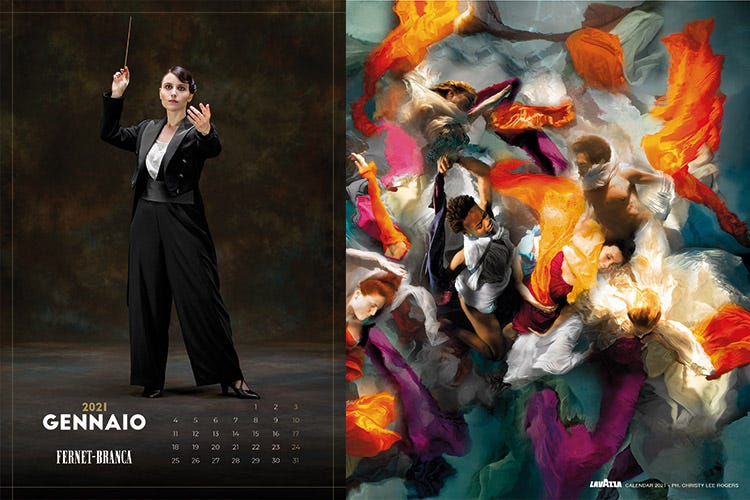 Il Calendaro di Fernet-Branca (foto Laura Ferrari) e di Lavazza (foto Rogers) - Dodici mesi con... Ecco i calendari 2021