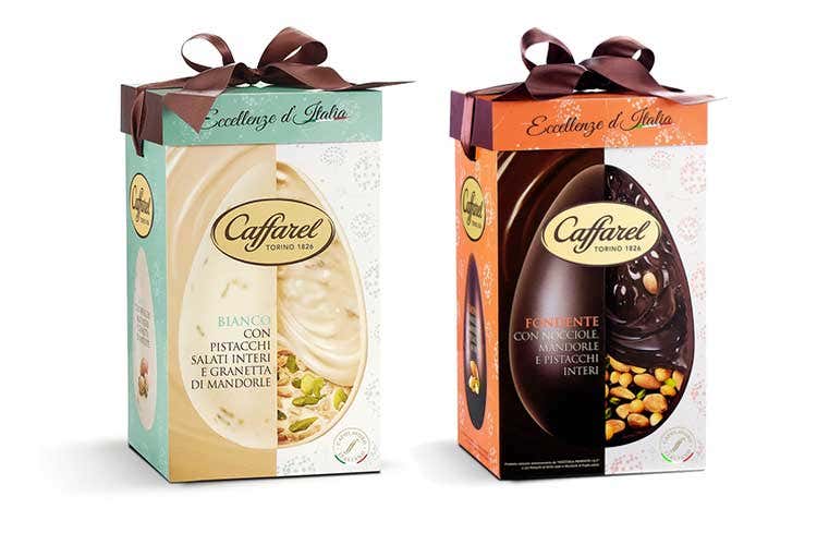 Uova Eccellenze d'Italia: bianco con pistacchi salati interi e granetta di mandorle / Fondente, con nocciole, mandorle e pistacchi interi - Il cioccolato Caffarel per la Pasqua si abbina alle eccellenze italiane