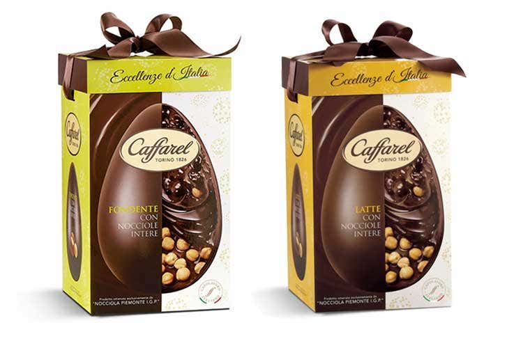 Uova Eccellenze d'Italia Fondente con nocciole intere / Latte con nocciole intere  - Il cioccolato Caffarel per la Pasqua si abbina alle eccellenze italiane