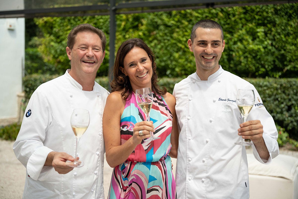 Camilla Lunelli con gli chef Chicco Cerea ed Edoardo Fumagalli I 120 anni di Ferrari Spumanti, bollicine che hanno fatto la storia