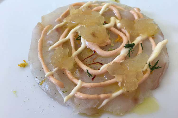 Carpaccio di branzino con gelatina di bouillabaisse