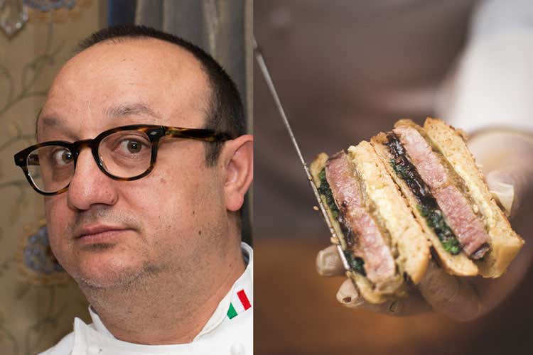 Il Panino con tonno di Testa e maionese all&rsquo;olio di conserva evo, cipollata e salsa barbecue di Ciccio Sultanto, preparato in occasione del Premio Italia a Tavola - Personaggio dell'anno 2018 - Testa e Sultano portano in tavola il tonno rosso non pi&ugrave; in estinzione