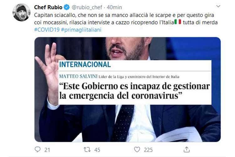 Gabriele Rubini attacca su Twitter il leader leghista - Chef Rubio contro Salvini Lo chiama «Capitan Sciacallo» Gabriele Rubini attacca su Twitter il leader leghista - Chef Rubio contro Salvini Lo chiama «Capitan Sciacallo»