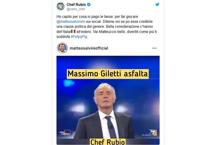 Il tweet dal quale è scaturita la polemica (Chef Rubio contro Salvini La polemica corre sui social)